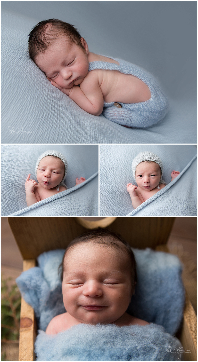 Newborn photography of awake baby with funny faces