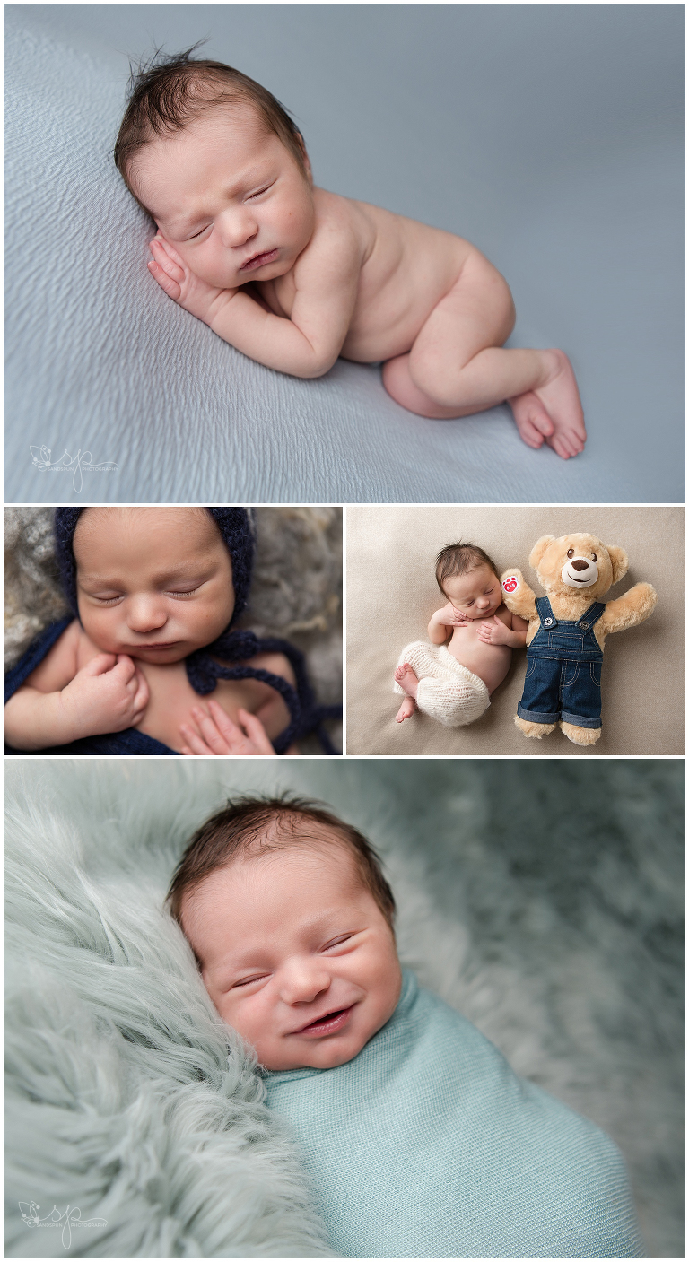 Portraits of newborn baby boy smiling and with a bear to compare size